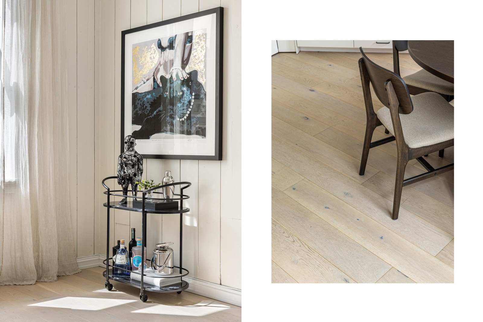 Delikate fargevalg og pen parkett på gulv komplimenterer de den moderne følelsen med de klassiske detaljene. Galleribilde