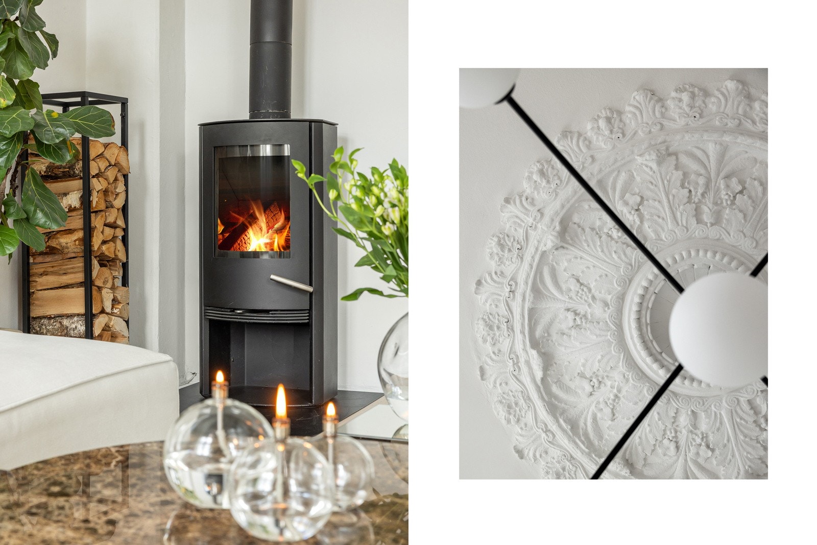 Peisen bidrar til en lun og hyggelig stemning. Klassiske detaljer som takrosett og stukkaturer. Galleribilde