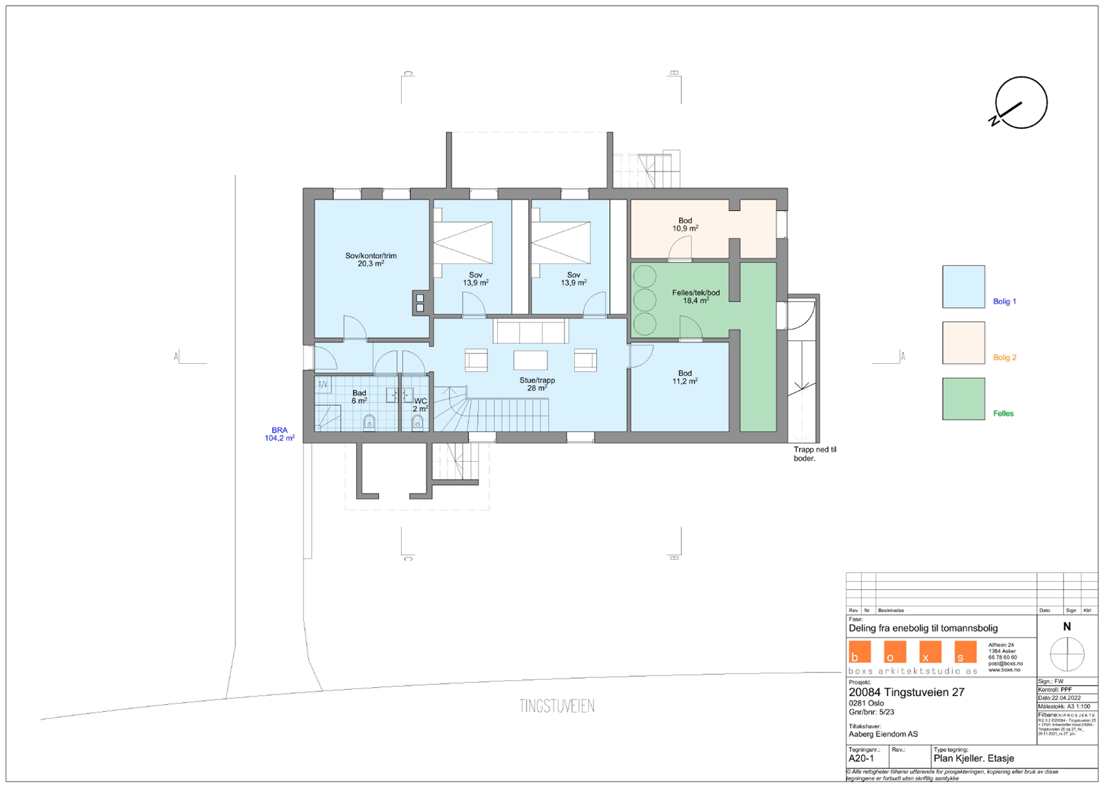 Planskisse kjeller. Rammetillatelse foreligger. Huset er under seksjonering. Se fargekoder til høyre for fordeling av areal mellom seksjon 1(bolig 1) og seksjon 2(bolig2 og hva som er fellesareal. Galleribilde