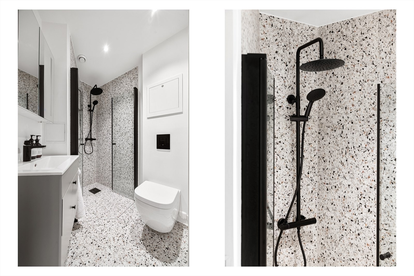 Innredet med servantskap, overlimt servant med Grohe-armatur, speil med lys og stikkontakt, dusjhjørne med innfellbare dører, naturlig avtrekk, veggmontert wc og bereder i himling Galleribilde