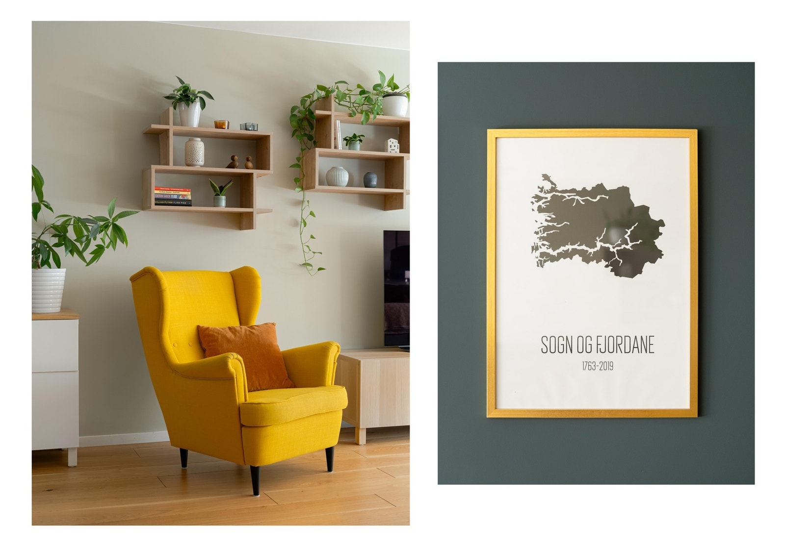 Boligen er malt i lyse farger, og lyset inn i leiligheten gir fine skygger. Du kan jo gjette tilhørigheten til selger! Galleribilde