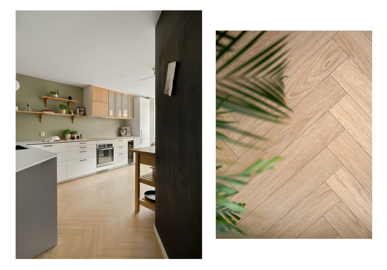 Et moderne men tidløst kjøkken med laminat fiskeben-gulv. Til høyre er veggen malt med sort magnetisk metallmaling, så her kan du både tegne og bruke den som opphengstavle! Galleribilde