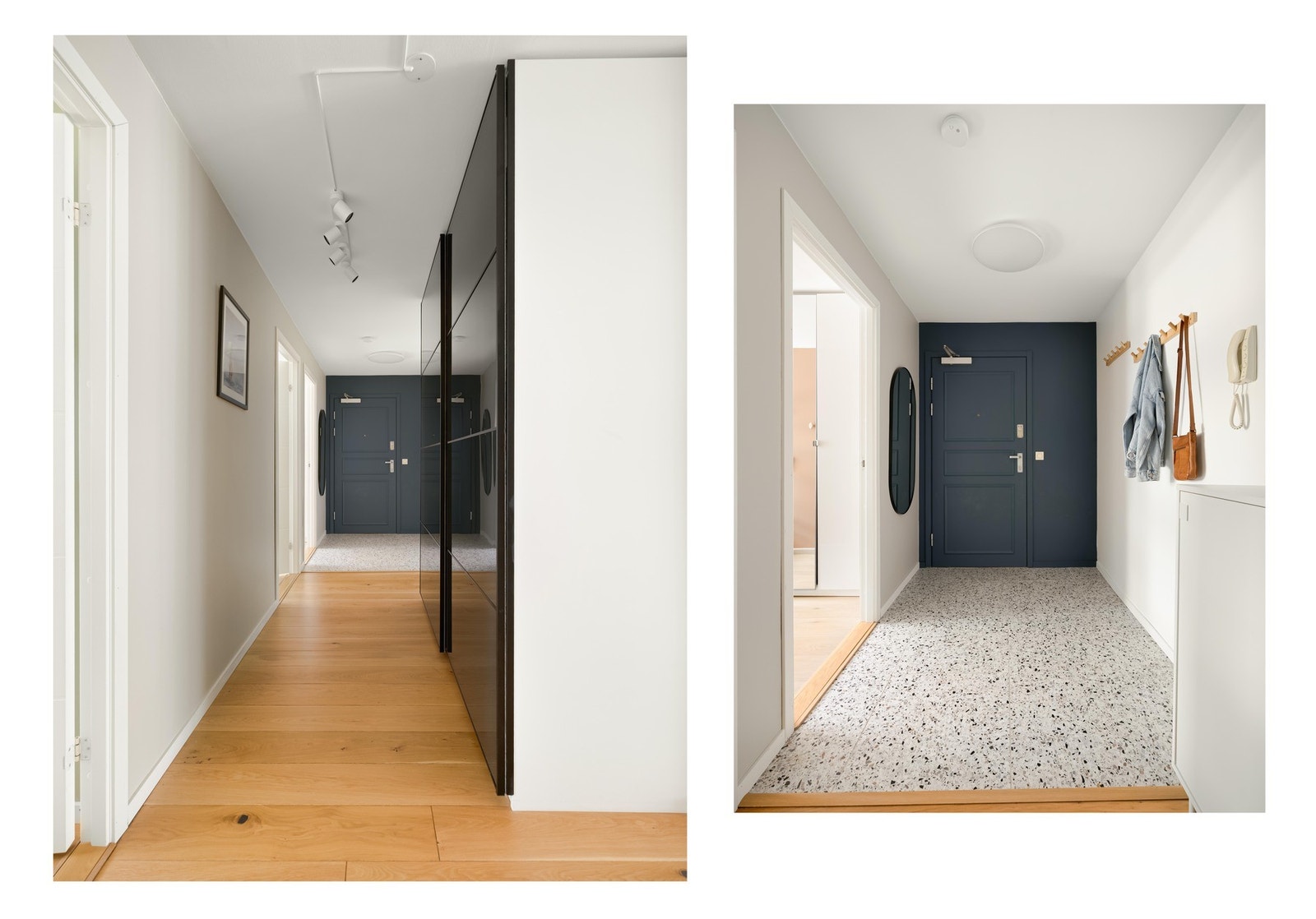 Et hyggelig inngangsparti med praktiske fliser på gulvet og en romslig skyvedørsgarderobe. Galleribilde