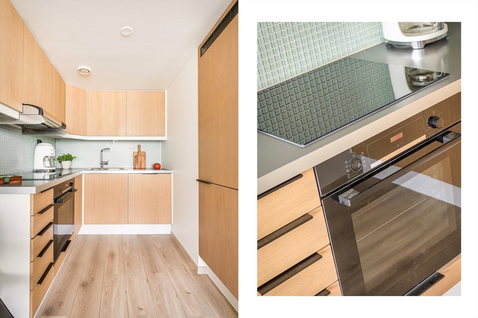 Kjøkkenet er innredet med fronter i treutførelse og laminert benkeplate. Integrert i innredningen er platetopp, stekeovn, oppvaskmaskin og kjøl/frys. Galleribilde