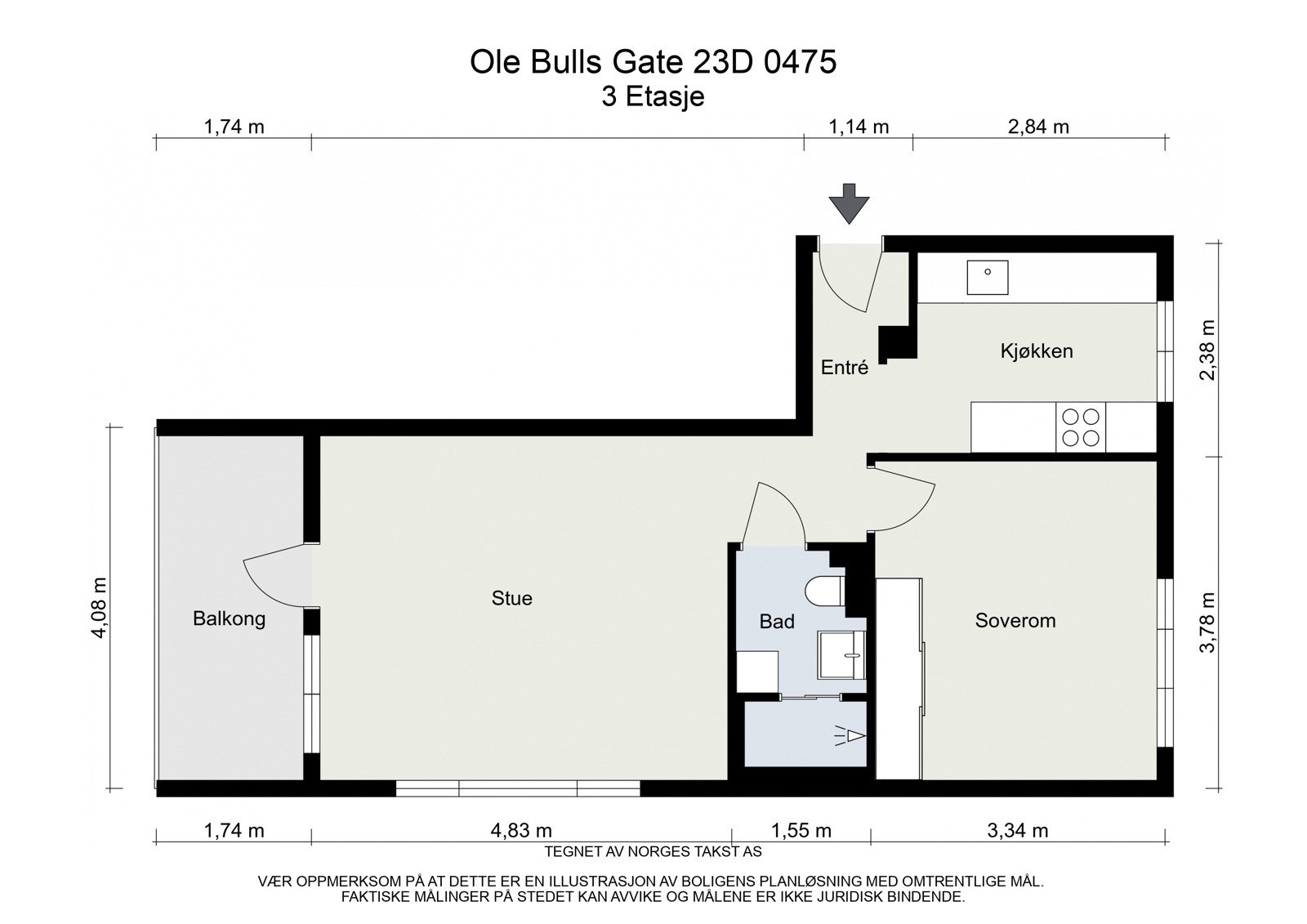 Plantegning. Leiligheten disponerer i tillegg en kjellerbod og en loftsbod. Galleribilde