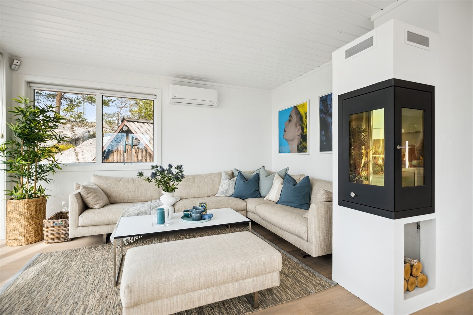 Rentbrennende peisovn fra Rais i stue. Galleribilde