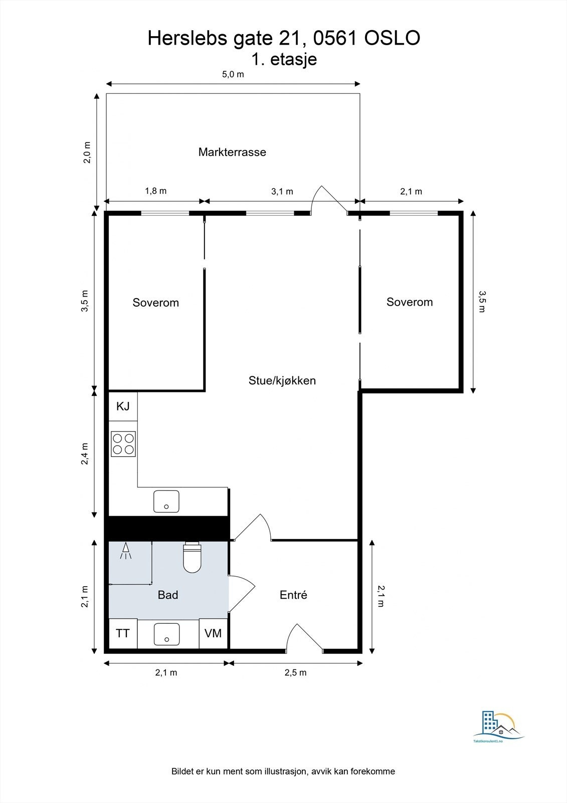 Plantegning. I tillegg disponerer leiligheten en kjellerbod på ca. 5 kvm. Galleribilde