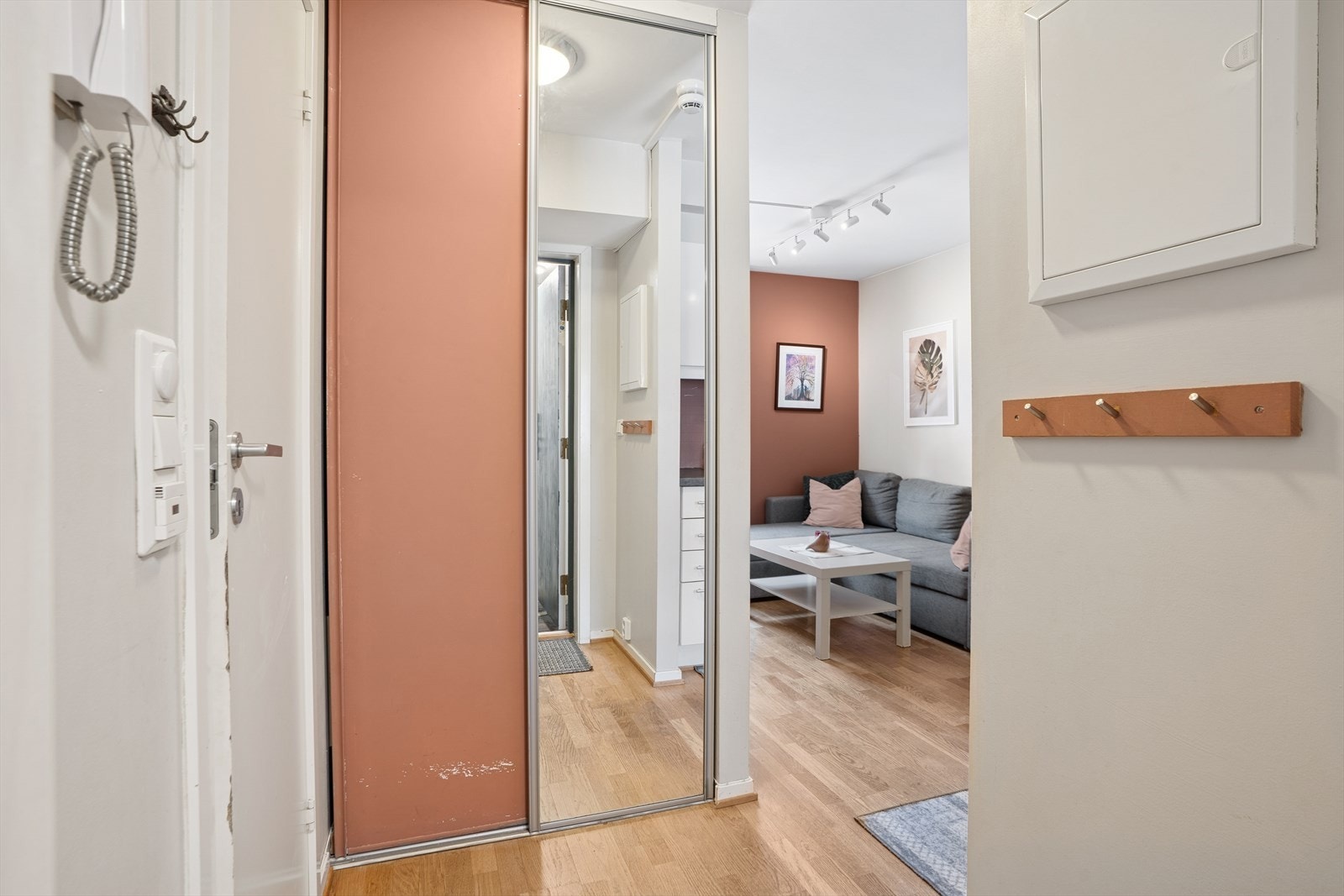 Det er god plass oppbevaring av yttertøy og sko i garderobeskap. Galleribilde