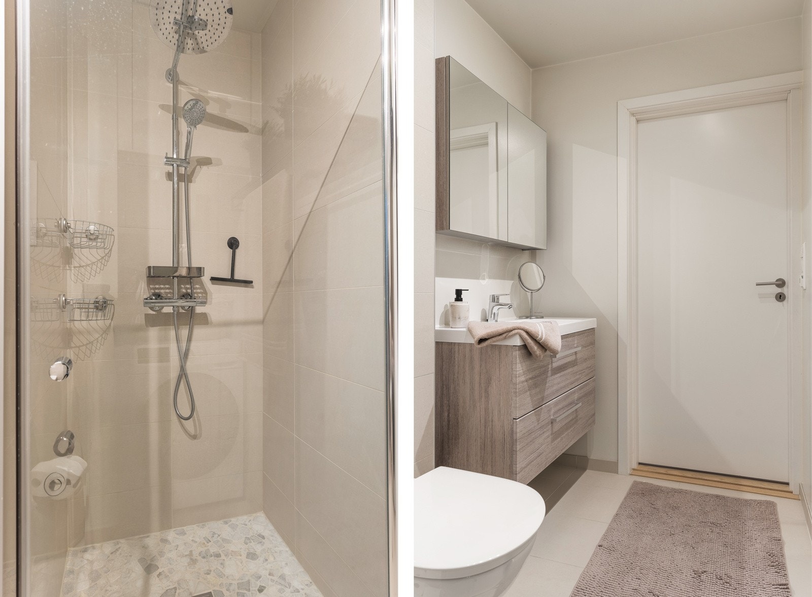 Badet er innredet med dusjnisje, vegghengt toalett, servant- og speilskap og egen nisje med tilkobling og plass til vaskemaskin og tørketrommel. Galleribilde