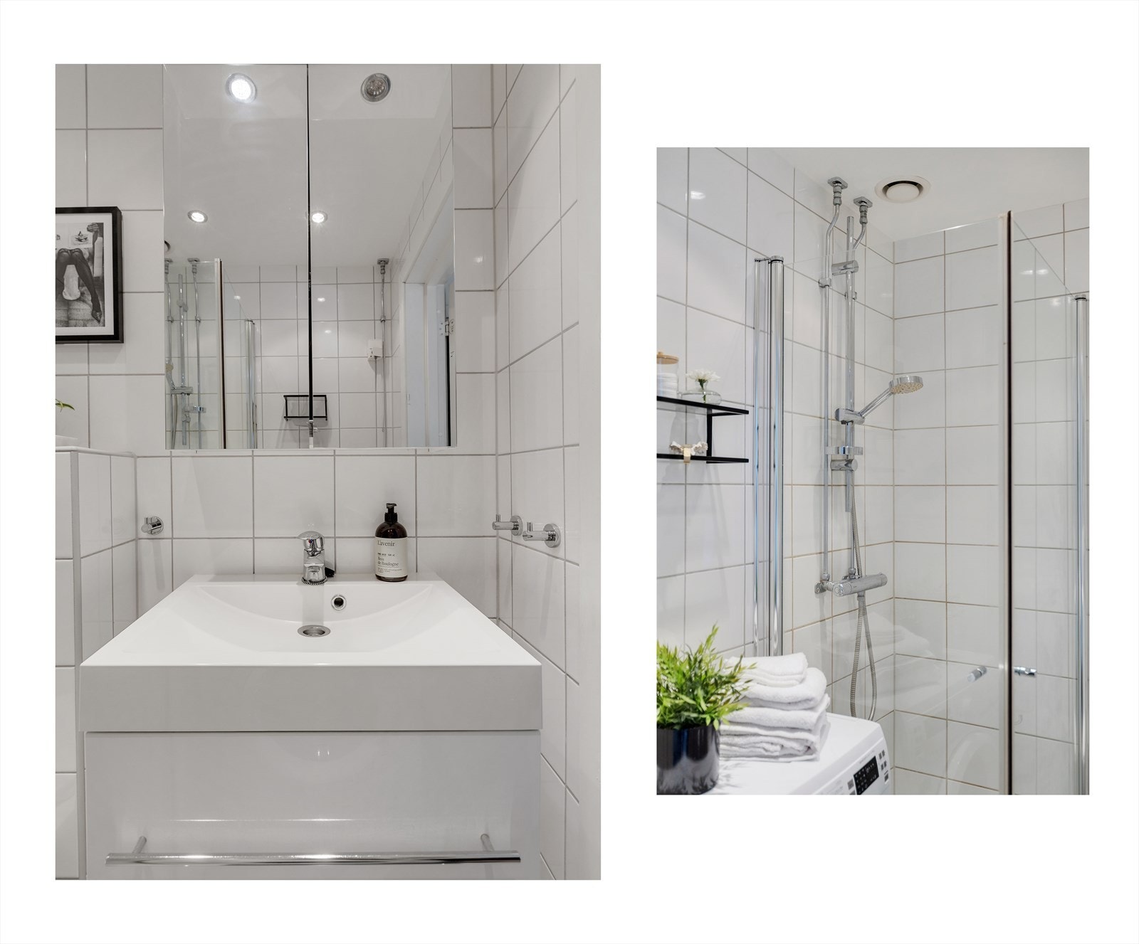 Glatt baderomsinnredning med heldekkende servant nedfeldt i underskap, speilskap m/lys, veggmontert toalett, dusjhjørne m/glassdører og opplegg for vaskemaskin. Galleribilde