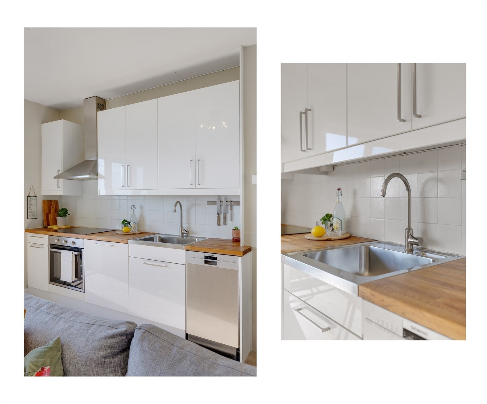 Det er fliser over benk og opplegg til oppvaskmaskin. Galleribilde