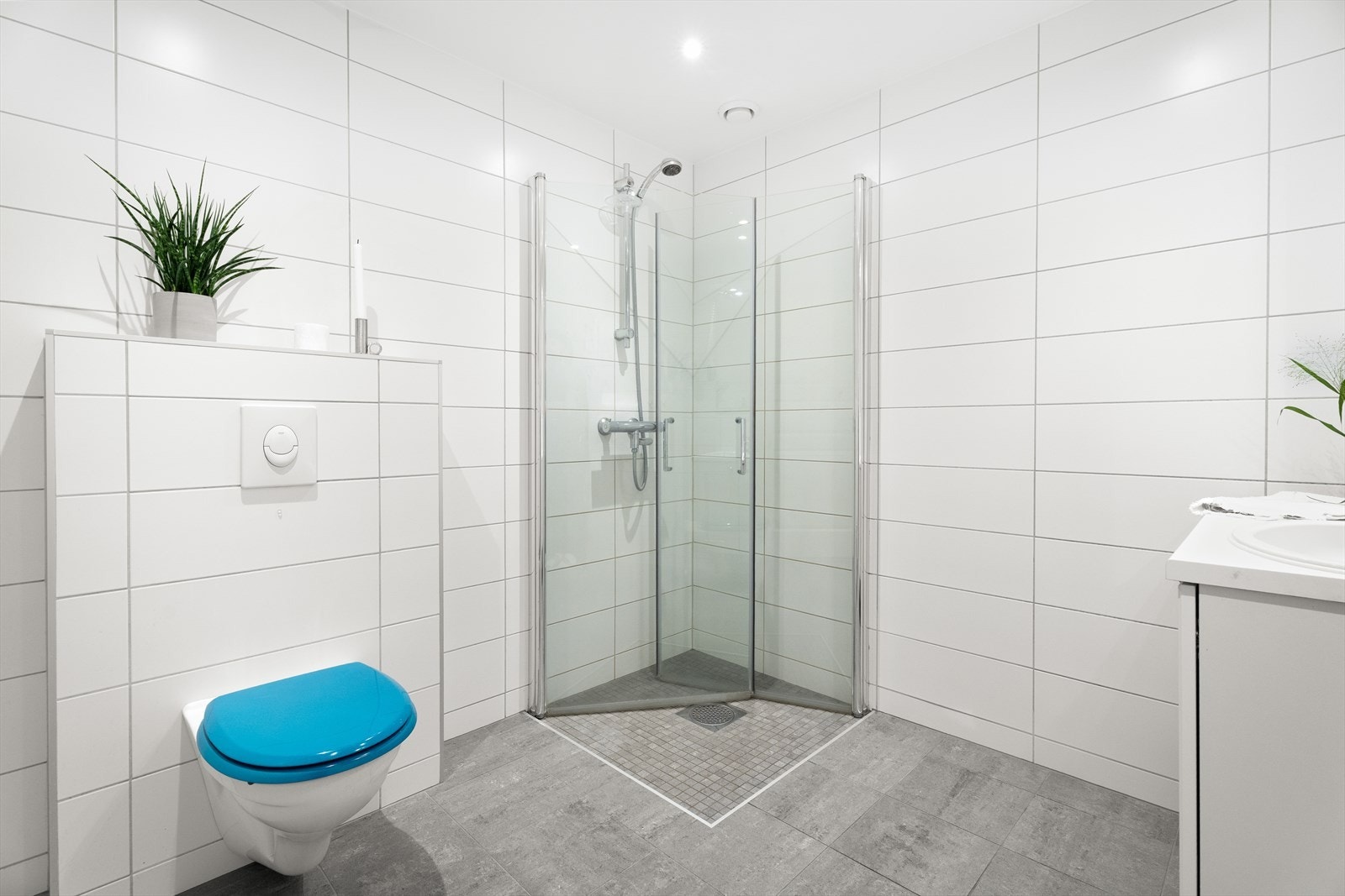 Badet er utstyrt med vegghengt wc, dusj med glassdører, servantinnredning, overskap og speil Galleribilde