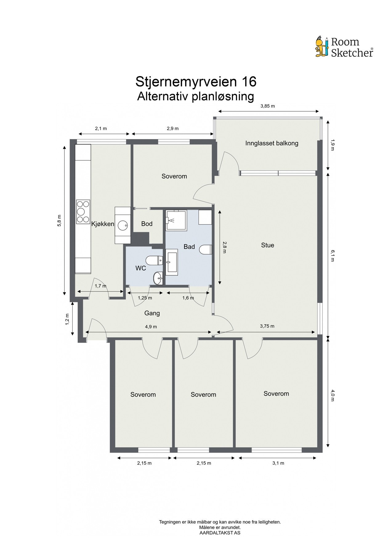 Alternativ planløsning med fire soverom. Galleribilde