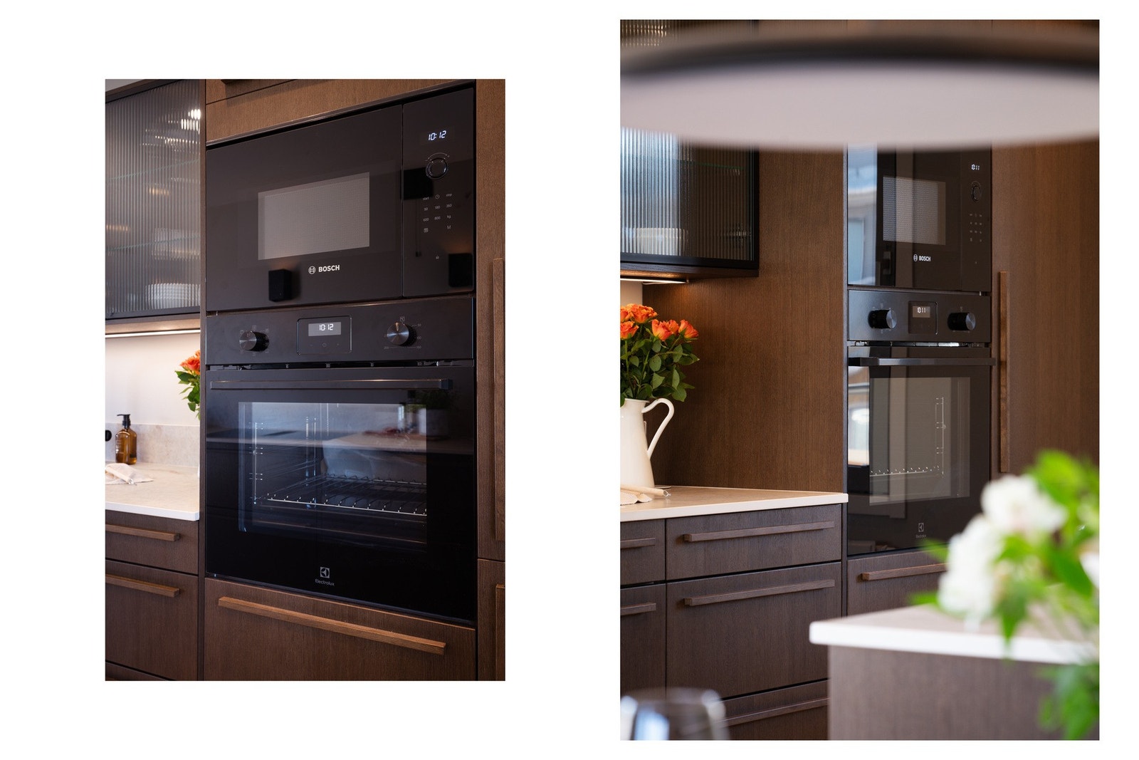 Integrert stekeovn og mikrobølgeovn fra Bosch, plassert i moderne kjøkkeninnredning. Galleribilde