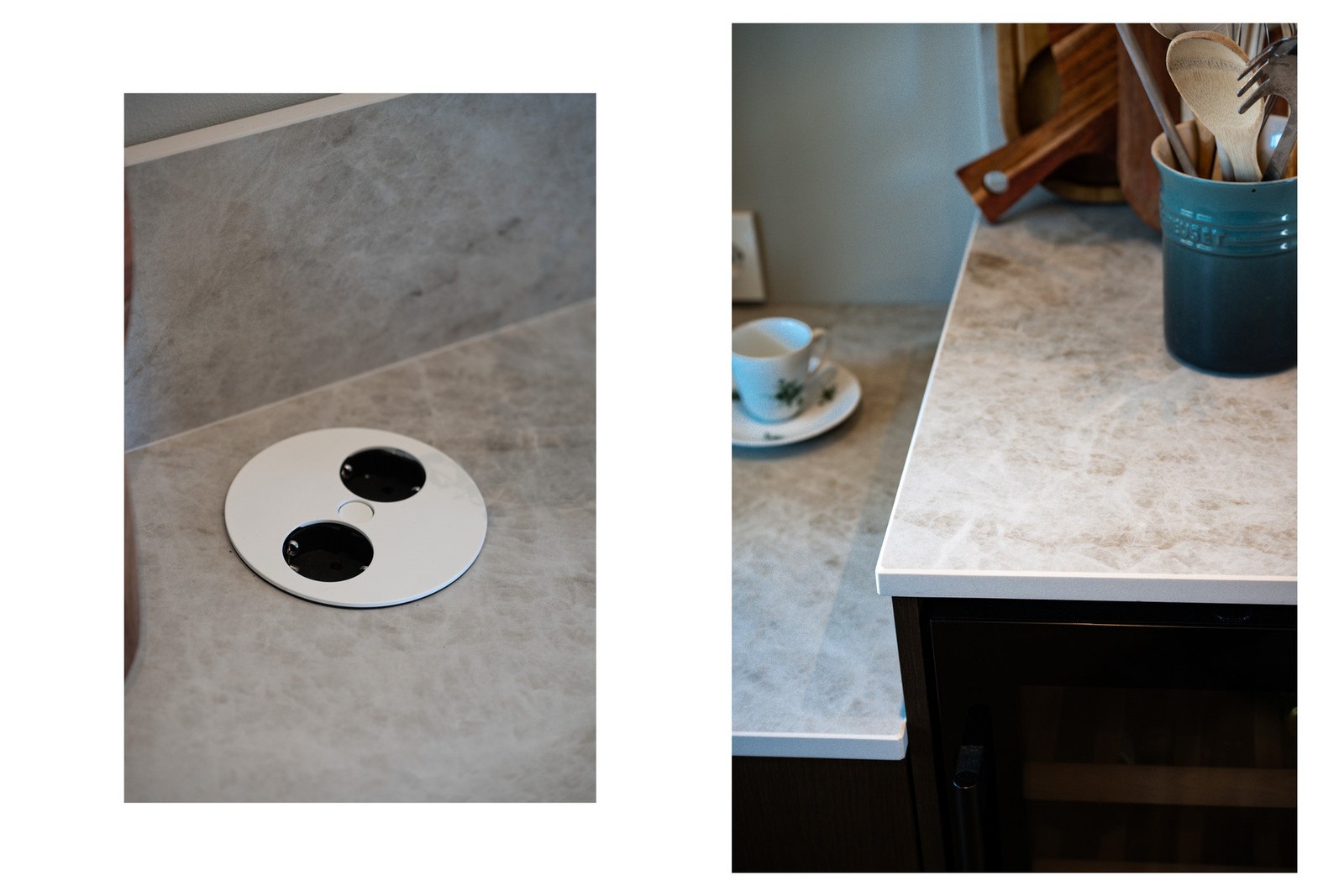 Kjøkkenbenk med innebygd stikkontakt og marmorinspirert overflate. Galleribilde