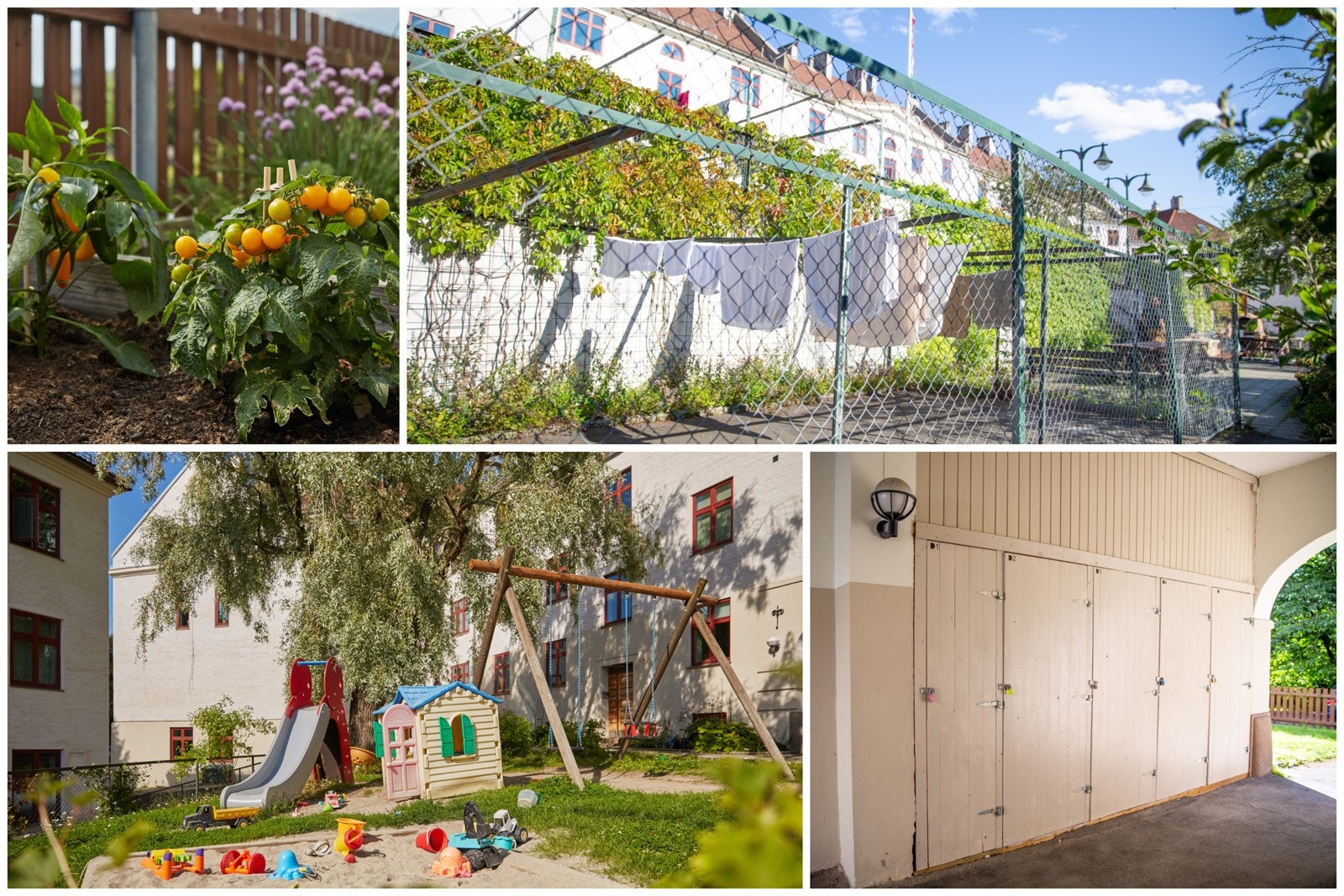 Beboerne kan plukke ripsbær, kirsebær, epler, rabarbara, plommer, i tillegg kan de leie 2 parsellkasser for en symbolsk sum i året. I tillegg har beboerne anledning til å få gratis barnevognskur til barnevogner og det er både lekeplass og tørkebåser. Galleribilde