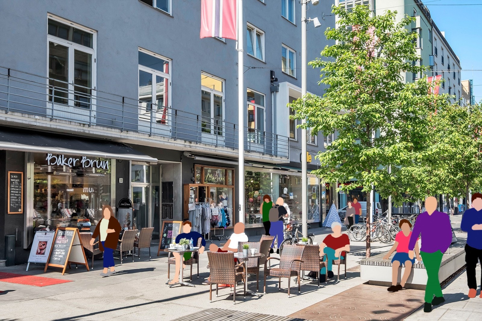 Bogstadveien og Hegdehaugsveien ligger i umiddelbar nærhet, med eksklusive spesialforretninger og de kjente kjedebutikkene samt spisesteder og utesteder. Galleribilde