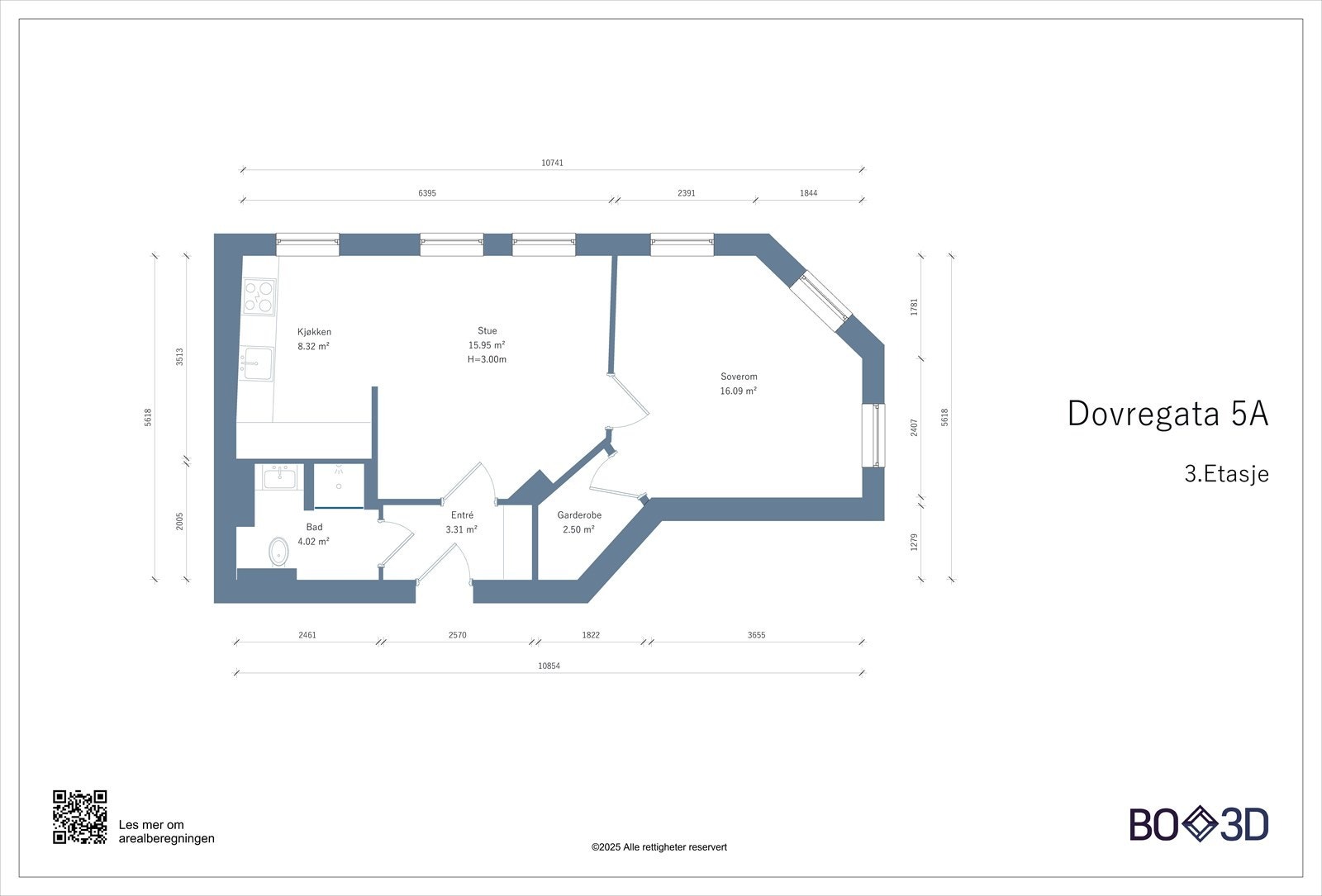Plantegning. Leiligheten disponerer i tillegg kjeller- og loftsbod. Galleribilde
