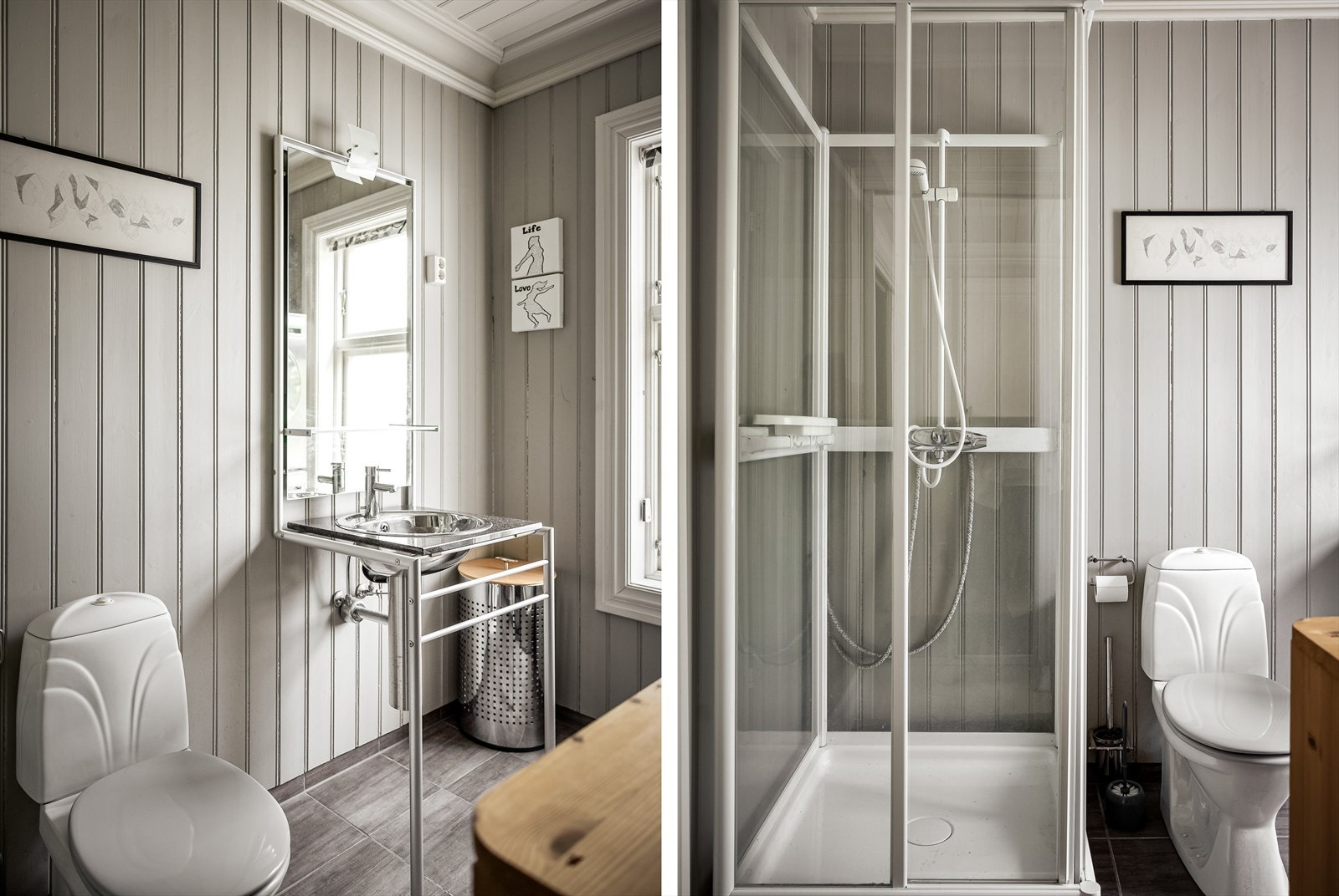 Rommet er innredet med servant, dusjkabinett og gulvstående toalett. Opplegg for vaskemaskin og tørketrommel Galleribilde