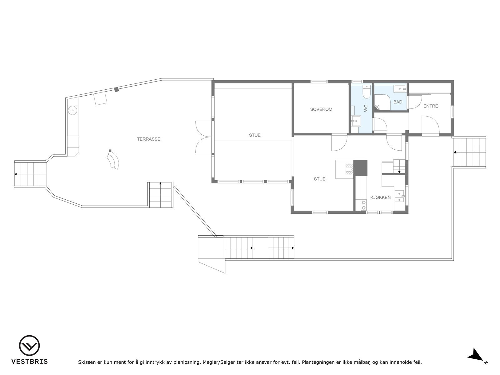 Plantegning av hovedetasjen med terrassen. Galleribilde