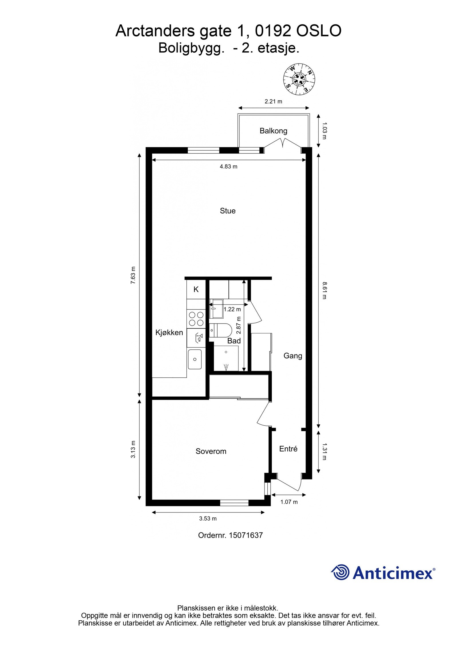 Plantegning 2. etasje. I tillegg disponerer leiligheten en bod på ca. 5m² i 1. etasje. Heis i bygget. Galleribilde