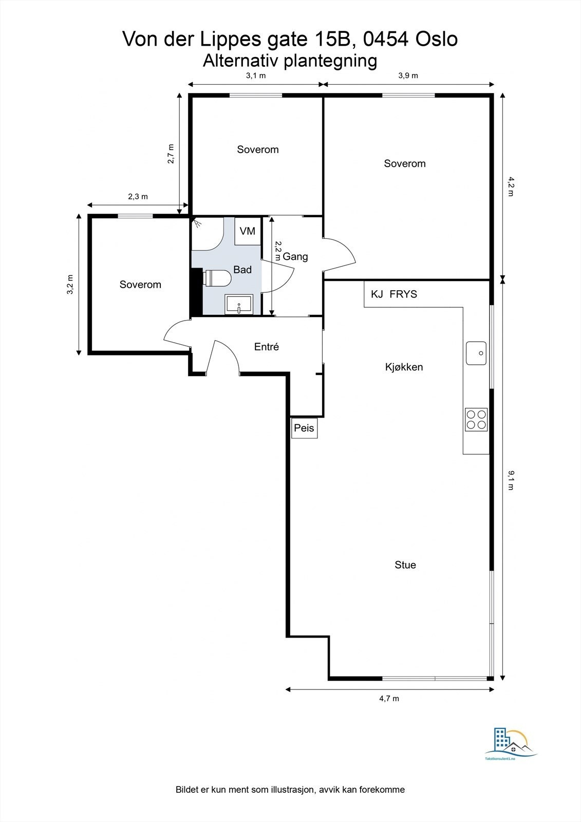 - Alternativ plantegning. Megler har ikke undersøkt hvorvidt dette lar seg gjøres og kjøper må selv undersøke dette - Galleribilde
