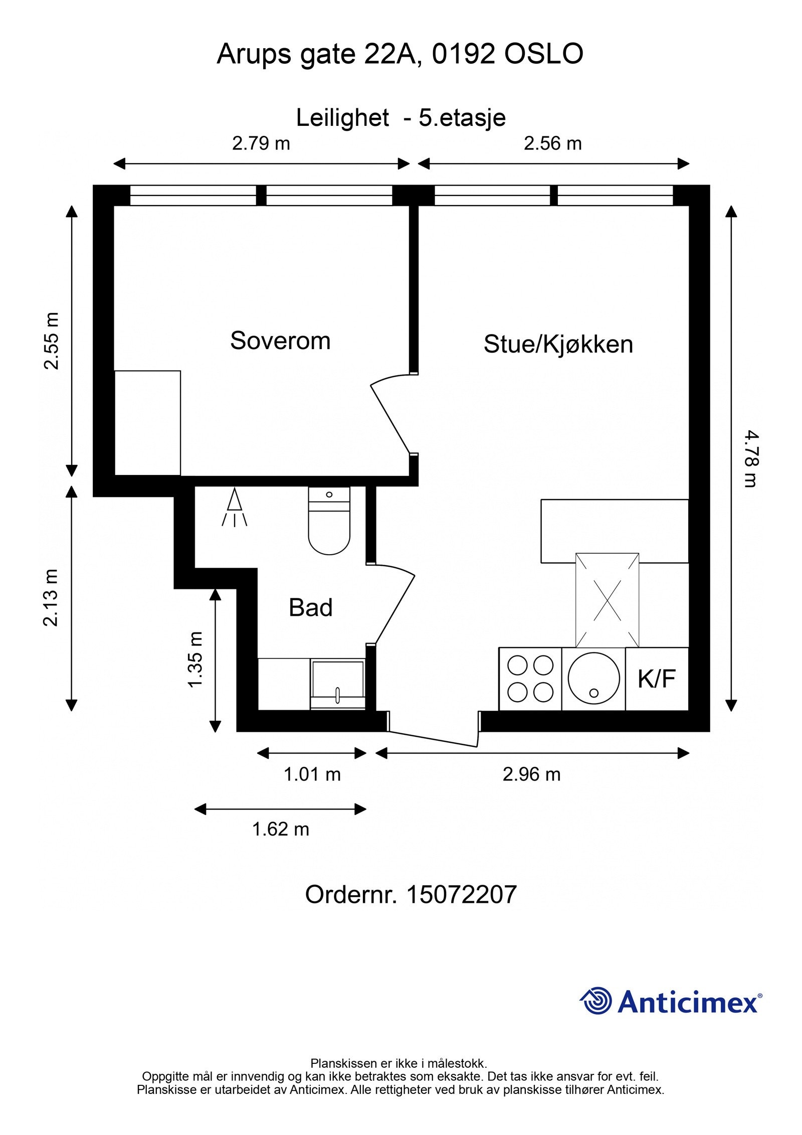 Plantegning. Leiligheten disponerer også en kjellerbod med gulvareal på 2 kvm. Galleribilde