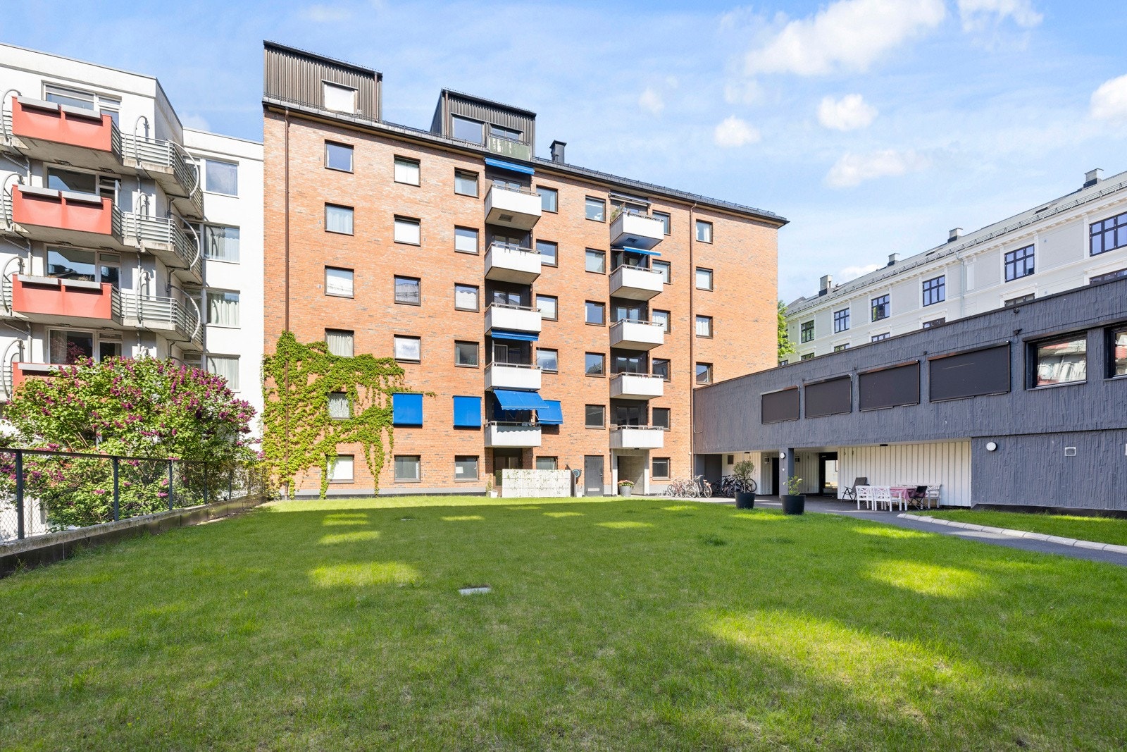 Fellesaralene er pent opparbeidet med gressplen og asfalterte internveier. Galleribilde