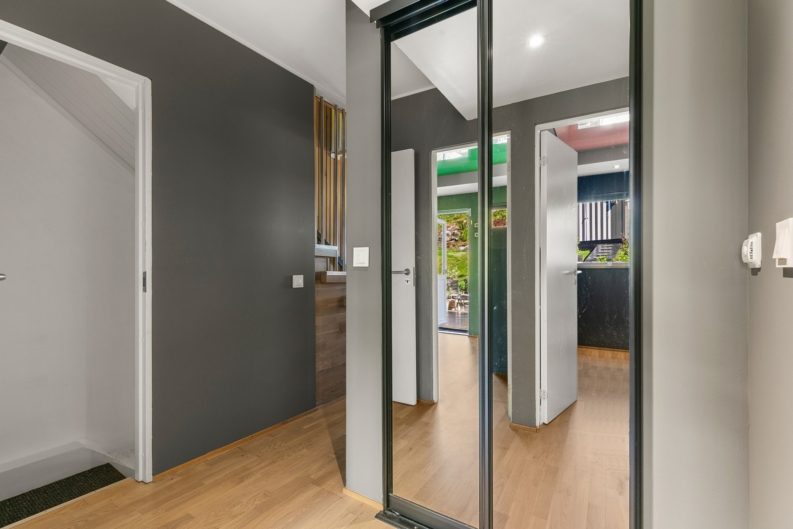 I gangen er det en speilskyvedørsgarderobe til oppbevaring. Galleribilde