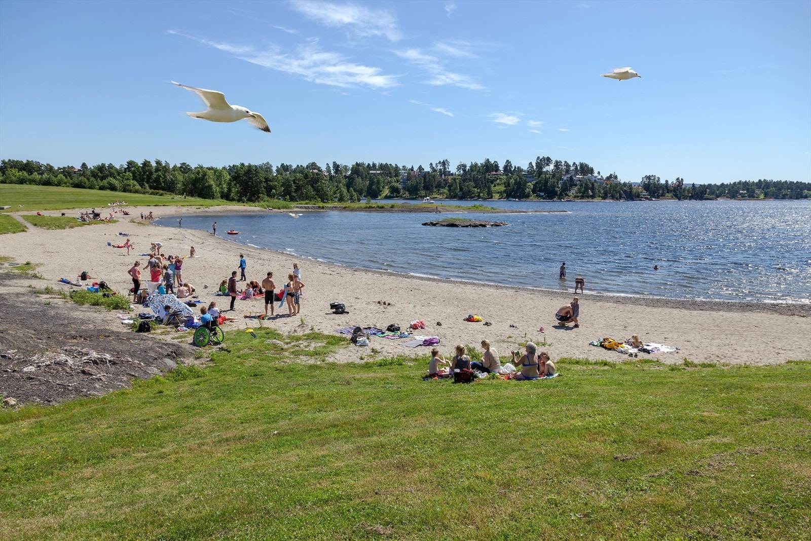 Storøya badestrand med kiosk, wc og flere volleyballbaner. Galleribilde
