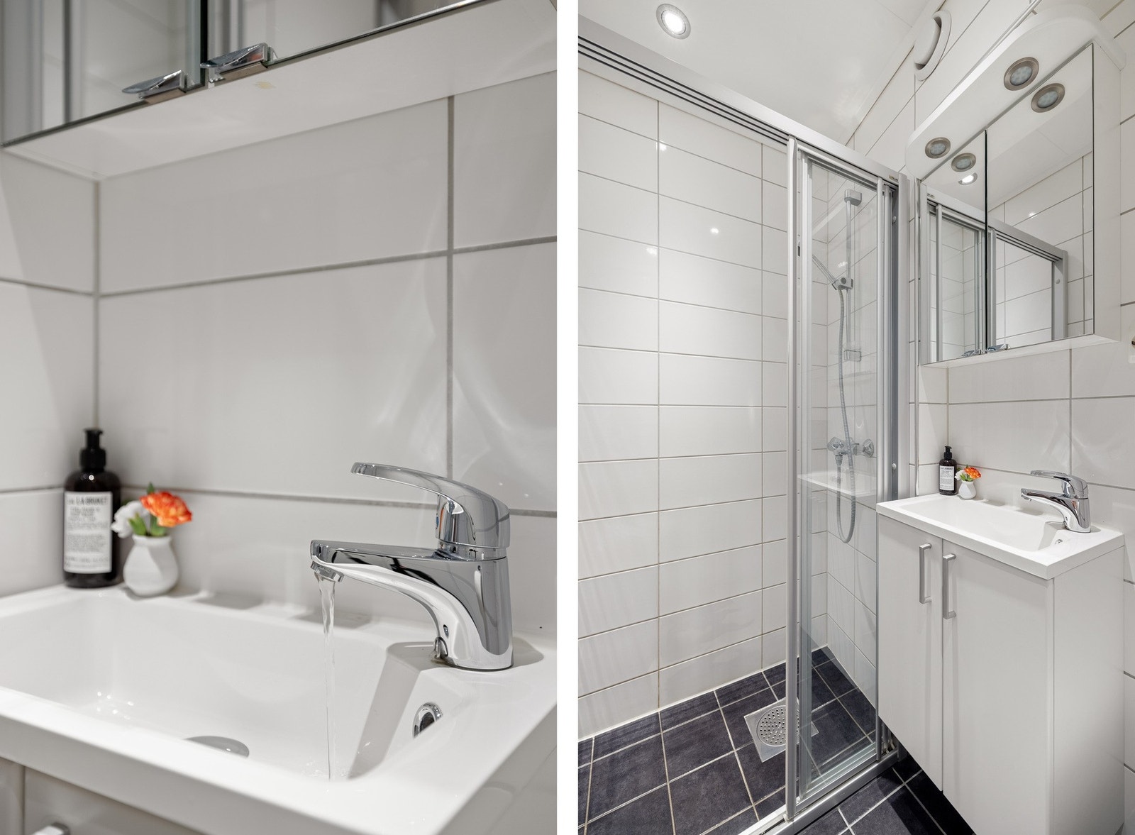 Badet er innredet med dusj m/skyvedører, vegghengt toalett og baderomsinnredning. Galleribilde