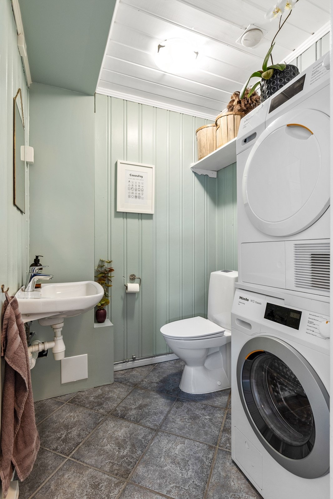 Toalettrommet er innredet med servant og klosett, med både opplegg og plass til tørketrommel og vaskemaskin. Galleribilde