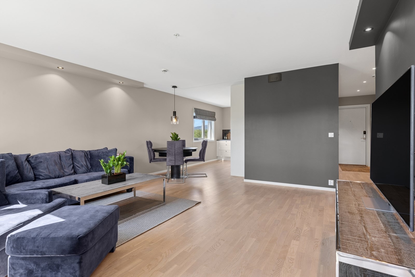 Her er det parkett på gulv, slette vegger som er malt i modrerne farger og downlights. Galleribilde