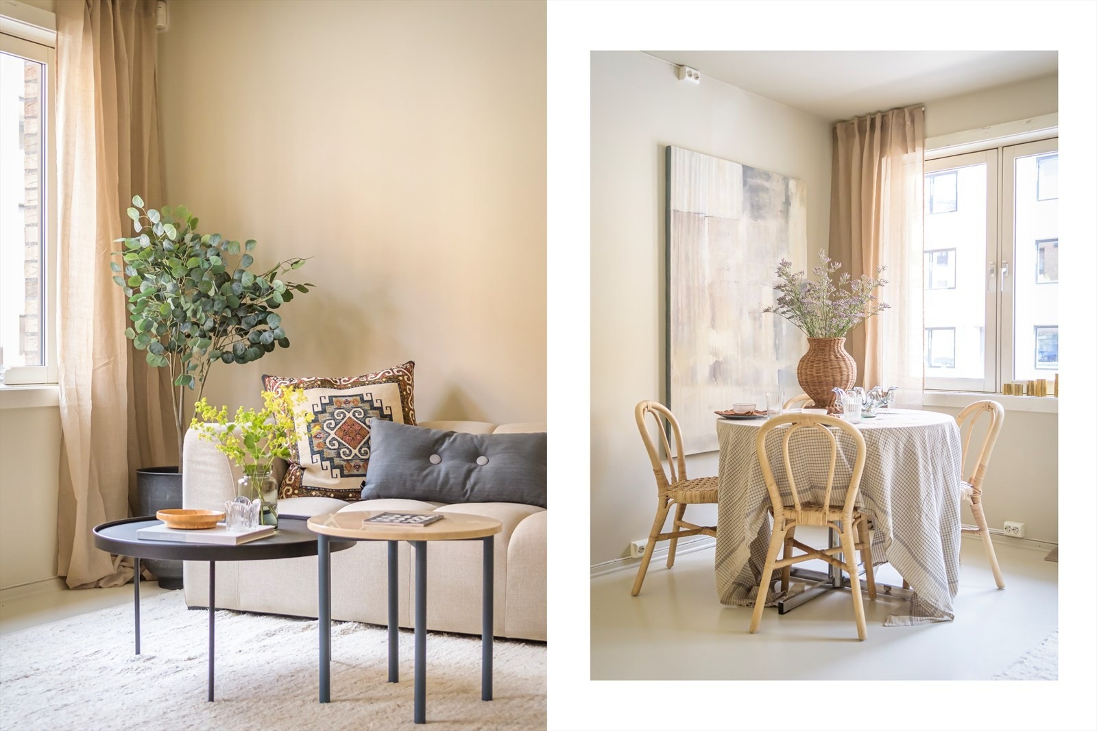 Trivelig spisehjørne ved vinduet, perfekt for hyggelige måltider med venner og familie Galleribilde