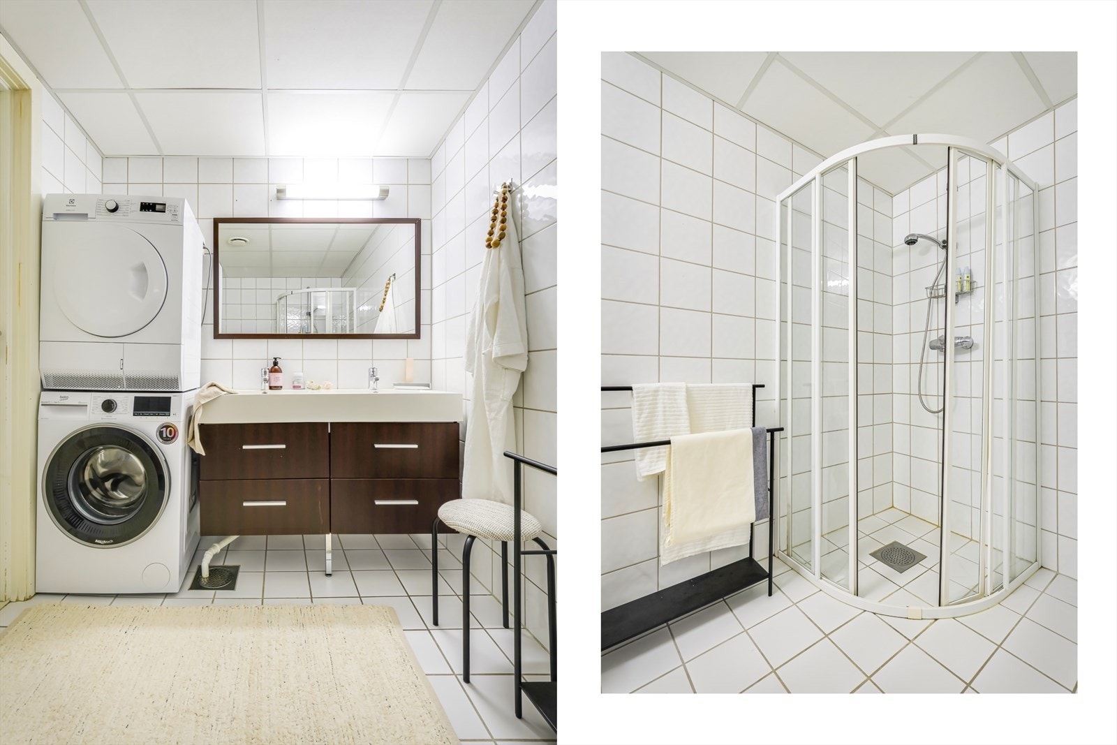 Innredningen består av mekanisk avtrekk, innfellbare dusjdører, servantskap og toalett Galleribilde