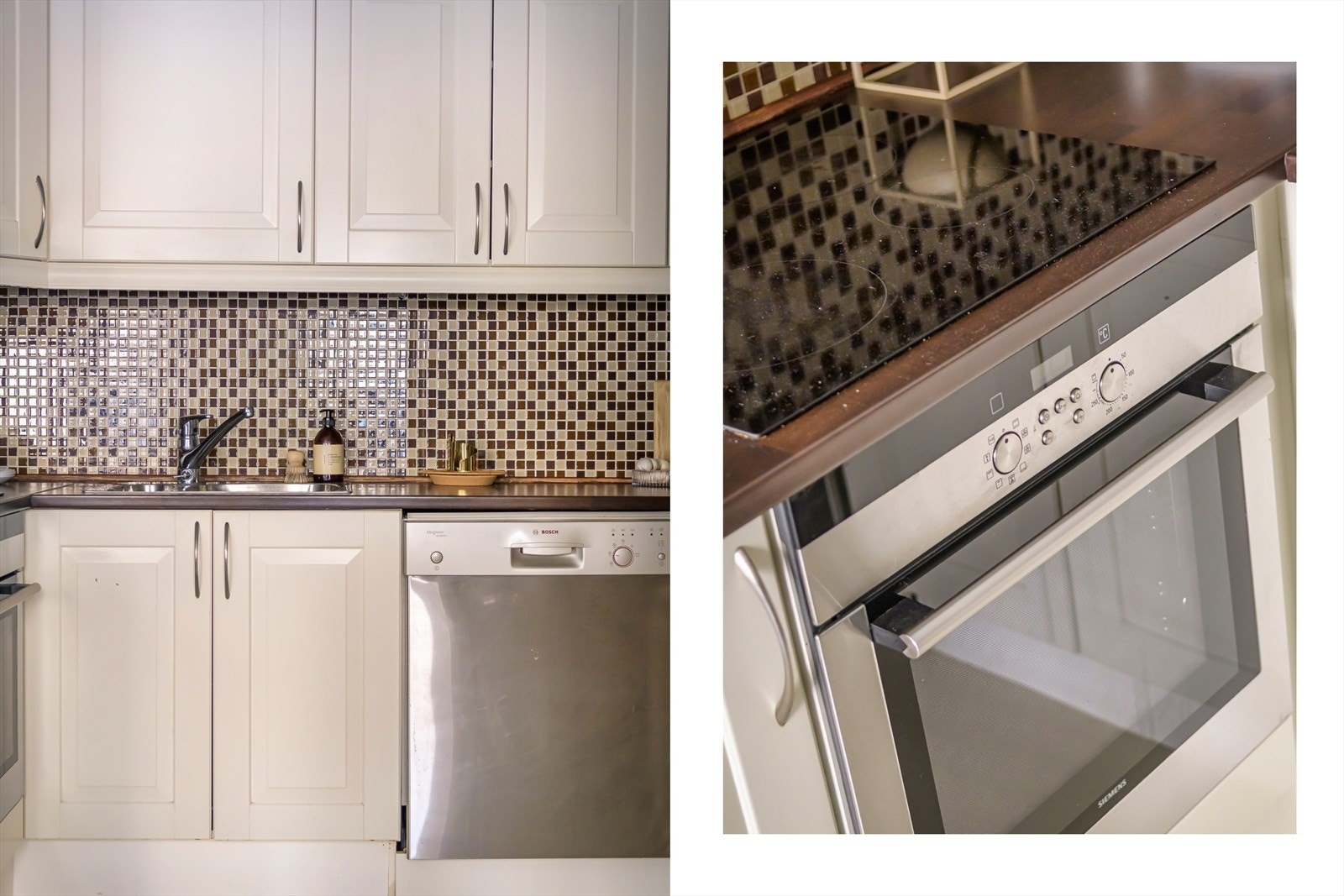 Hvite fronter og mørk benkeplate skaper et klassisk uttrykk. Galleribilde