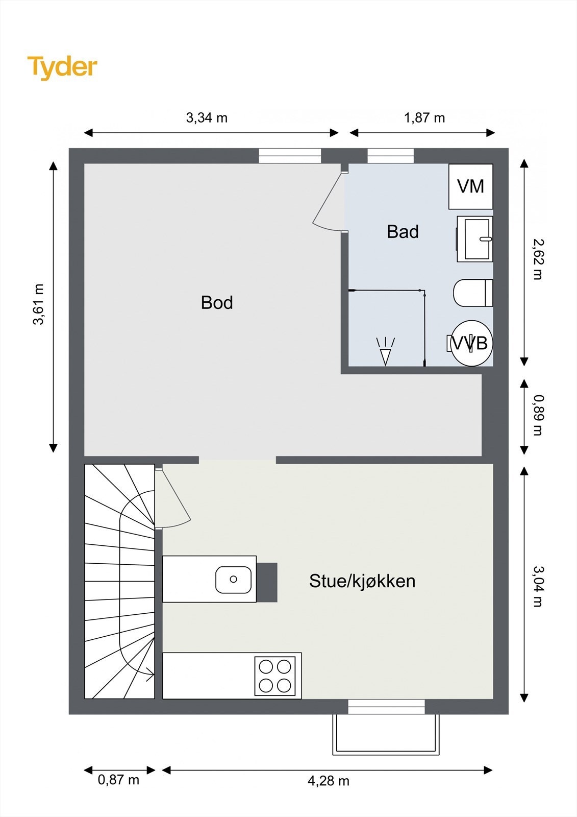 Plantegning underetasje. Hybelen utgjør hele underetasjen og er på 37 kvm og leies ut for 11.500 kr pr mnd. I tillegg kommer strøm Galleribilde