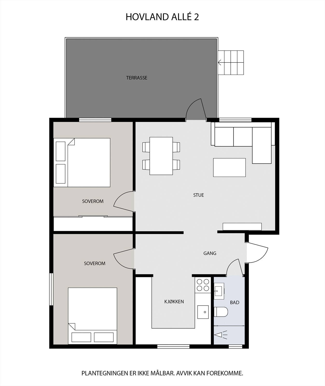 Plantegning. I gangen er det ett åpent skap som ikke er med i plantegning. I selve soverommet er to plass bygdeskap som ikke er med i plantegning. Leiligheten har blitt åpnet opp ved kjøkkenet fra tidligere salg og virker dermed mer luftig. Galleribilde
