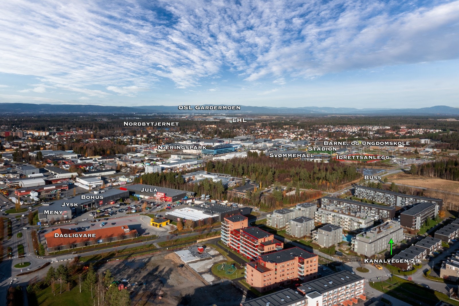 Leiligheten er beliggende på Gystadmarka, i den nye og spennende bydelen øst for Jessheim sentrum. Galleribilde