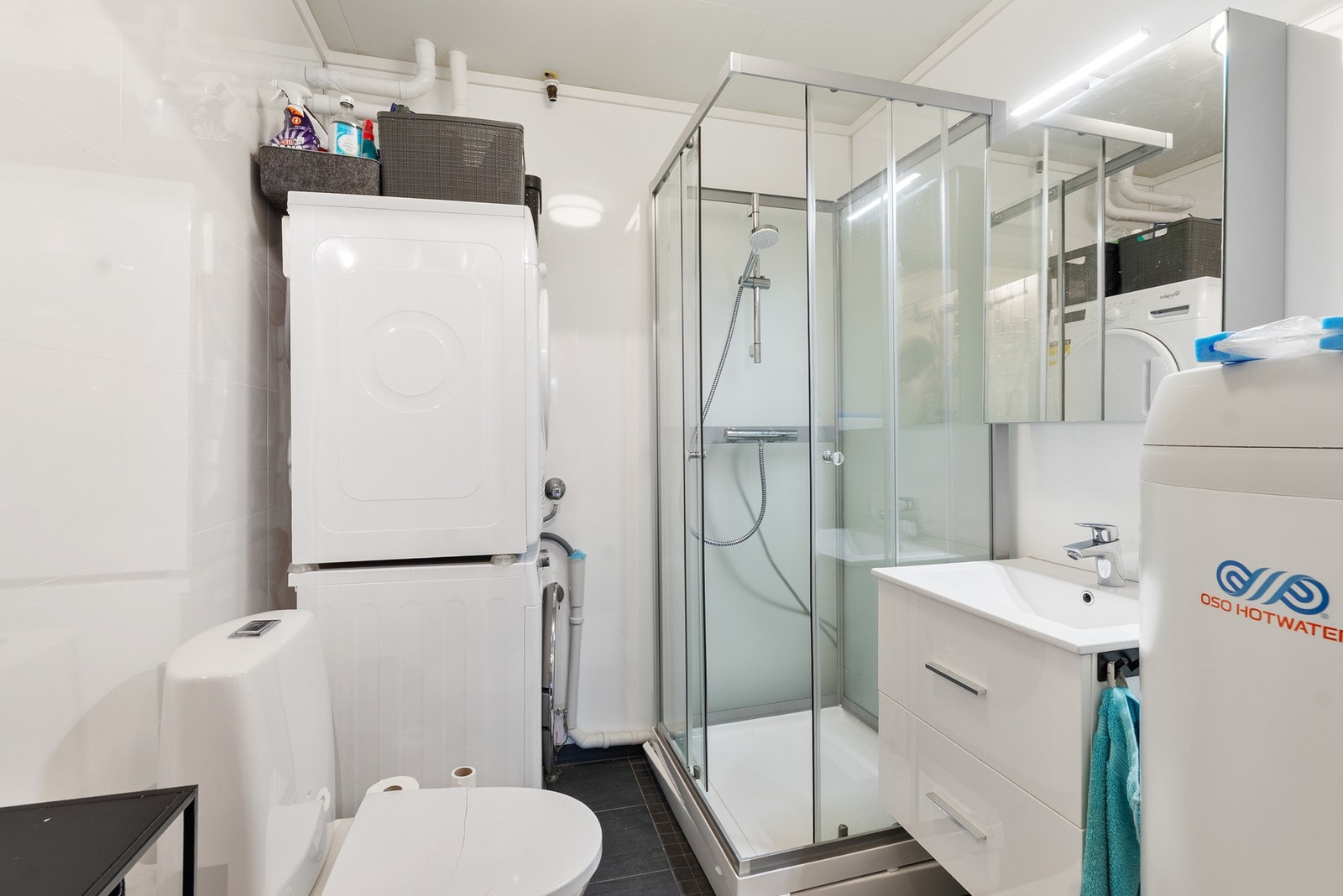 Bad ved inngangsdør har innredning med nedfelt servant, toalett, dusjkabinett og opplegg for vaskemaskin. Galleribilde