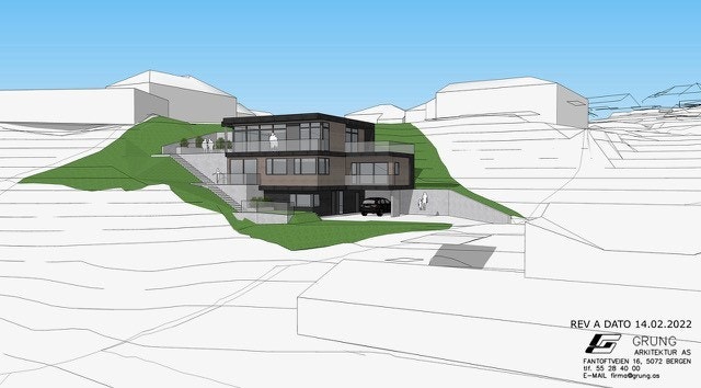 Overbygget over carport, uteplasser i flere nivåer og pent tilpasset terrenget. Galleribilde