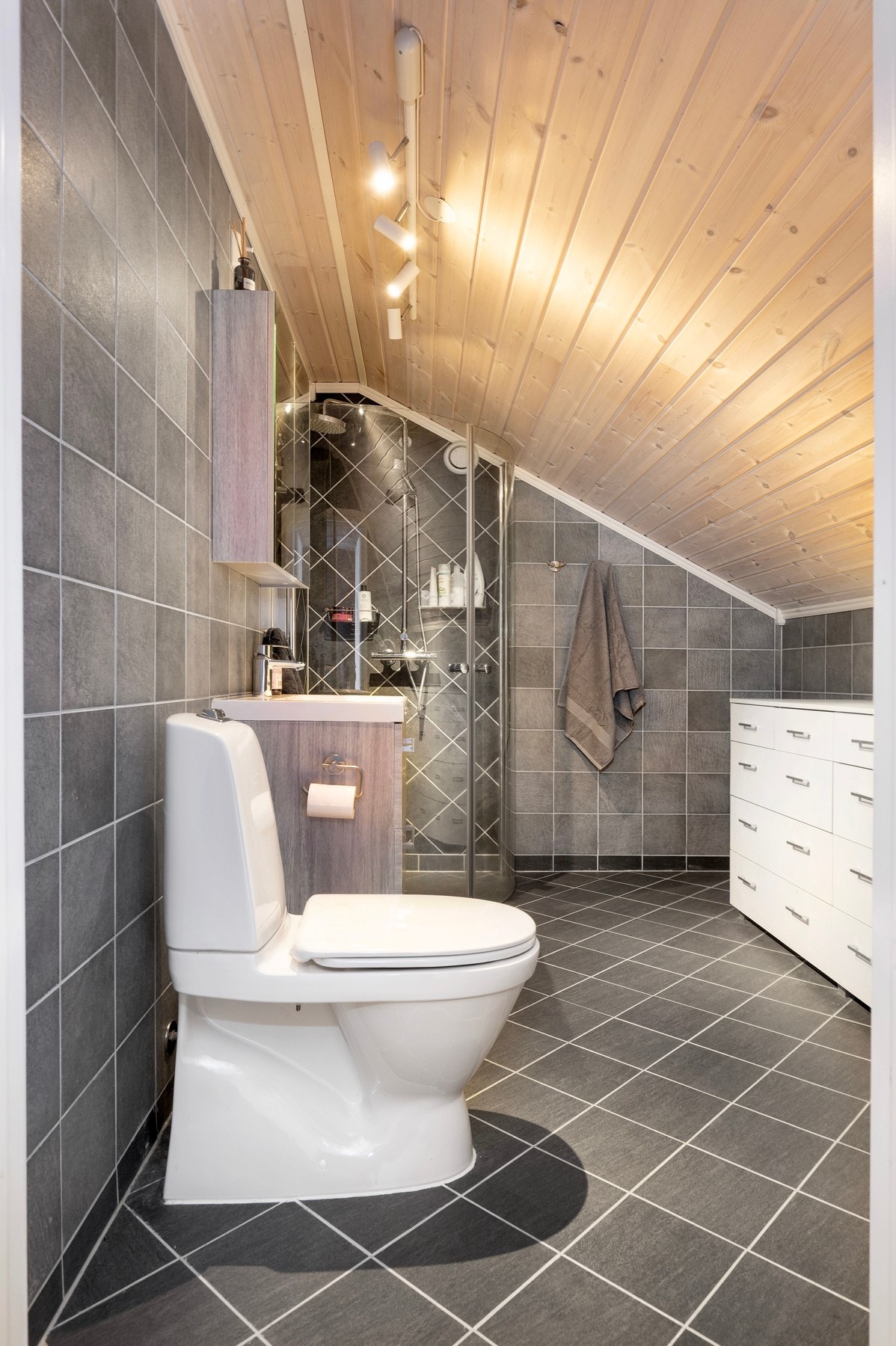 Innredning med servant, dusj med dusjvegger og wc. Galleribilde