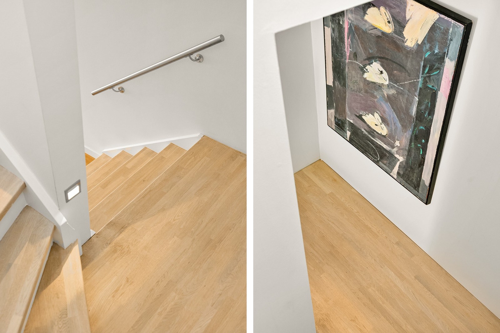 Lukket vinkeltrapp med repos, utført med trinn og vanger i heltre. Galleribilde