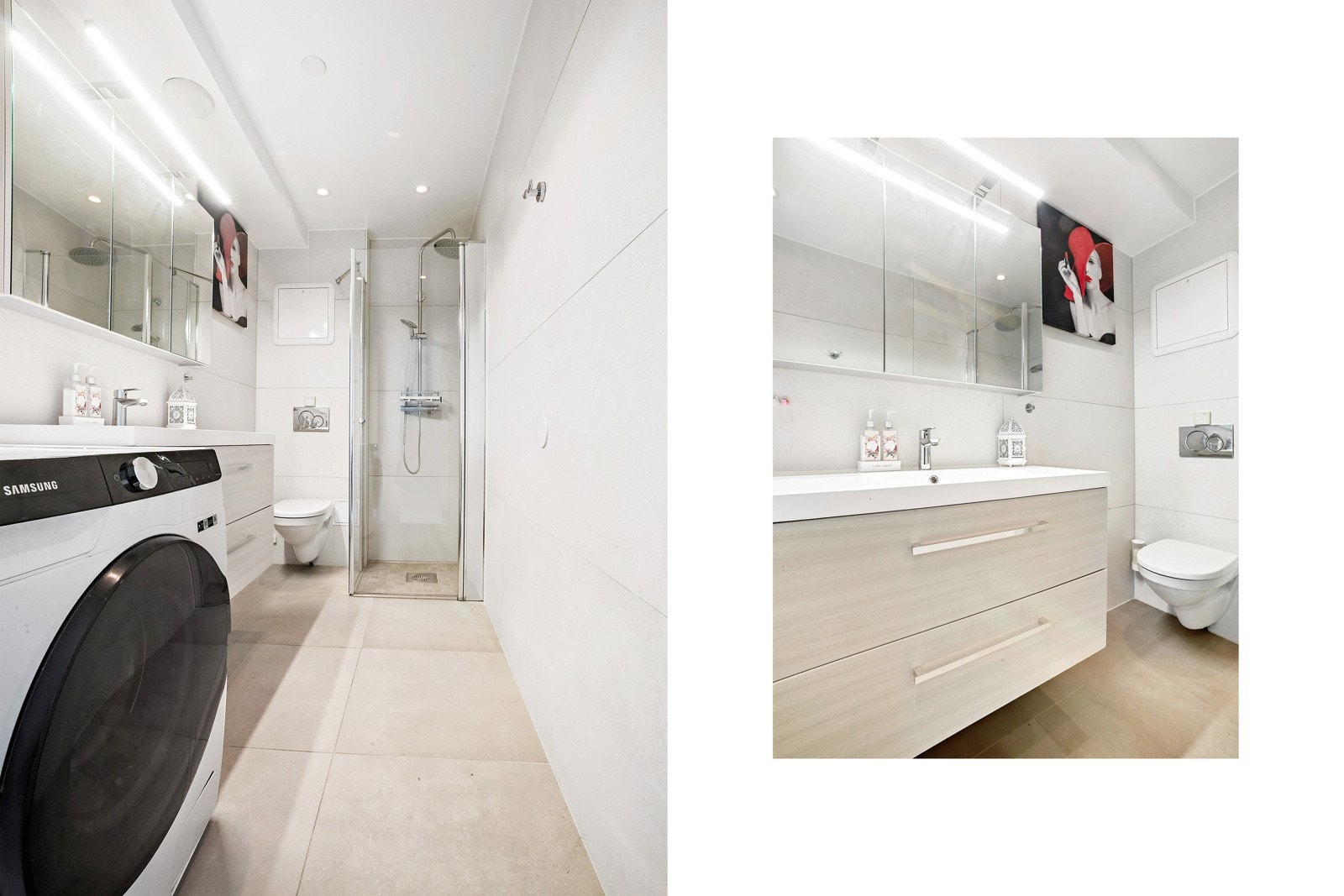 Badet har opplegg for vaskemaskin, downlights og dusjhjørne Galleribilde