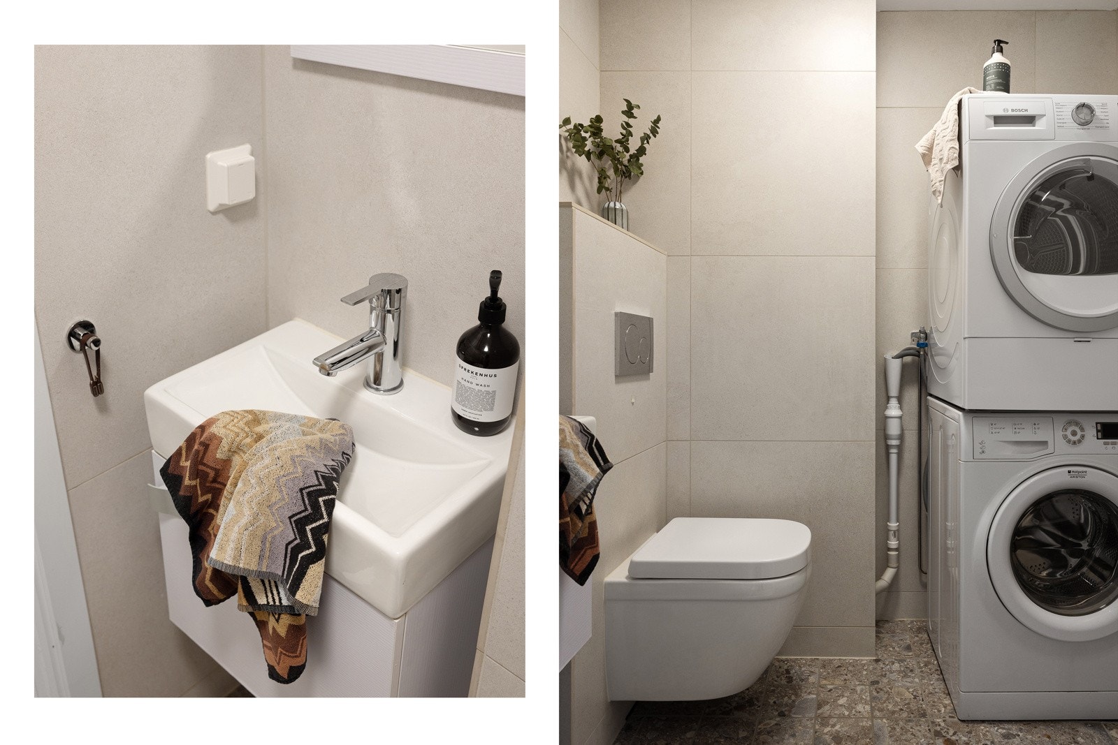 Delikat og moderne, badet ble totalrenovert og ferdigstilt i 2022. Arbeidet ble utført av fagfolk. Det er sluk under vaskenisjen, slik at f.eks. dusj kan settes inn. Galleribilde