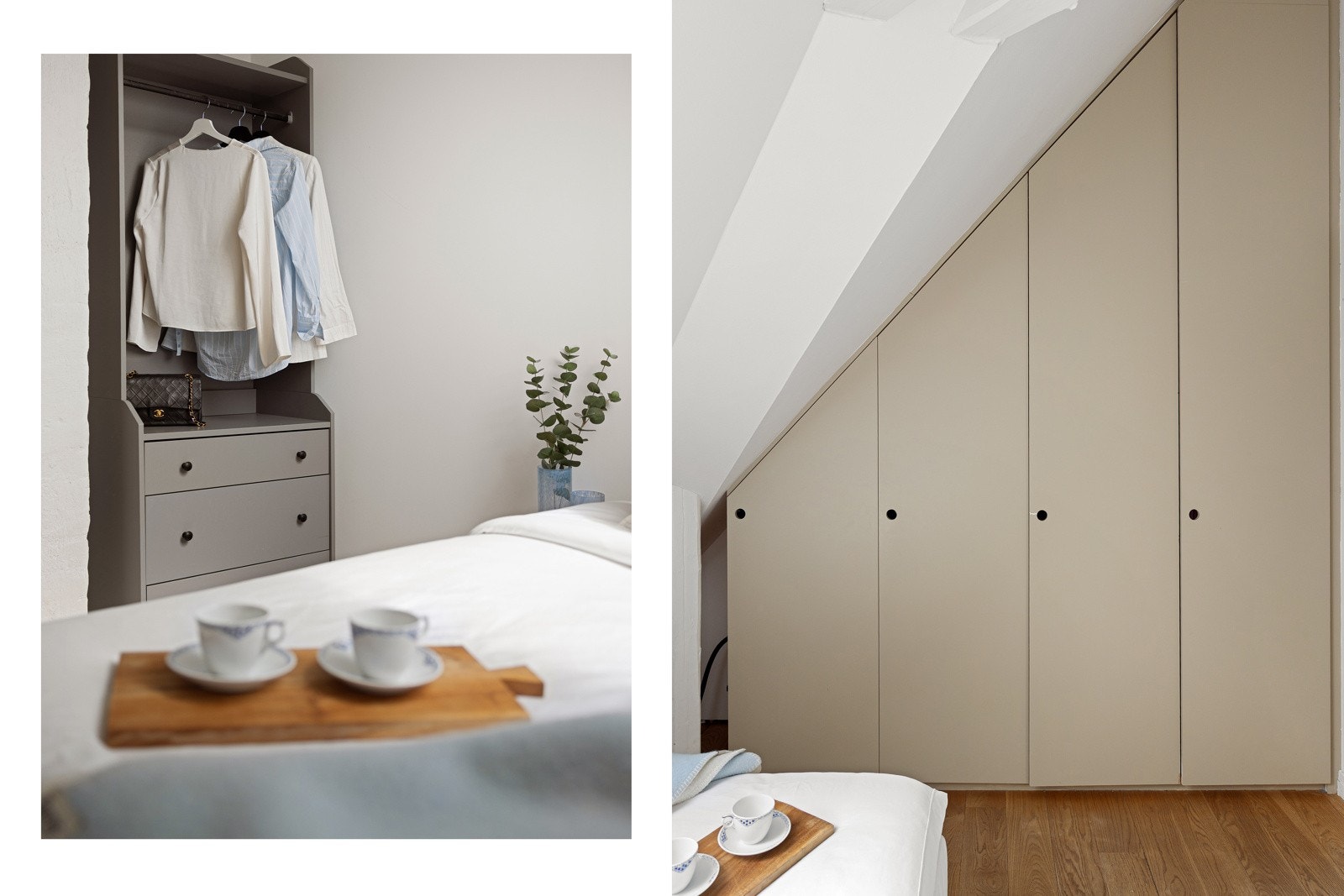 Det er godt med oppbevaringsplass i et spesialtilpasset garderobeskap i tillegg til et ekstra garderobeskap. Galleribilde