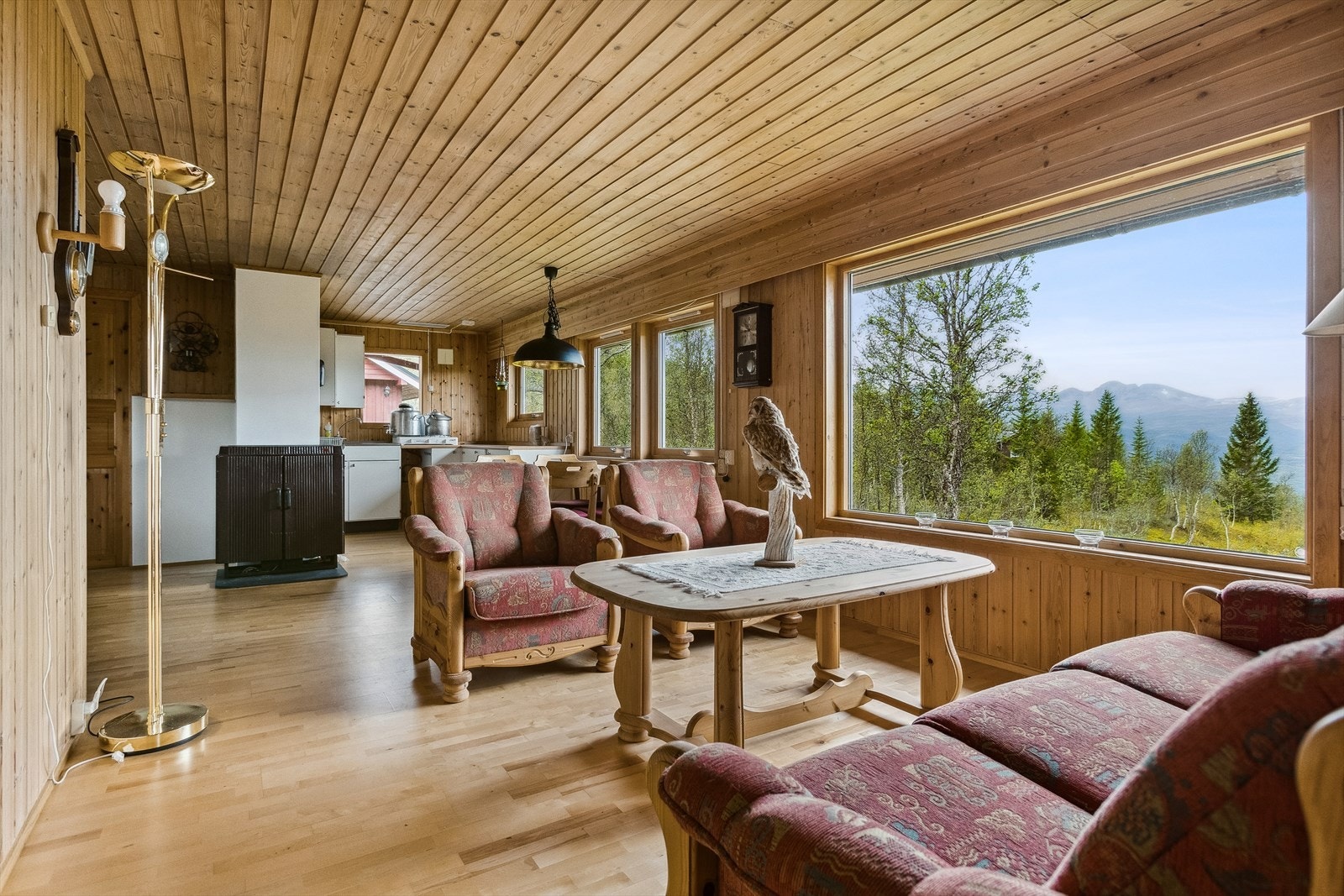 Det er montert ildsted for fast og flytende brensel i stuen. Galleribilde