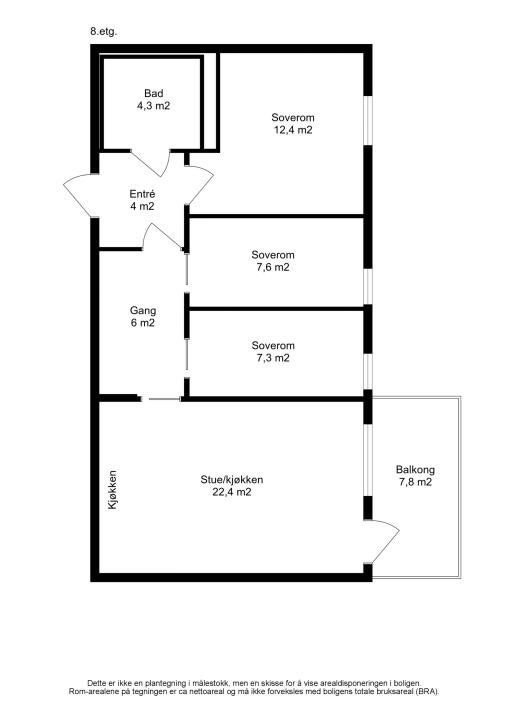 Leiligheten har en effektiv planløsning med store soverom og pen stue/kjøkkenløsning. Galleribilde