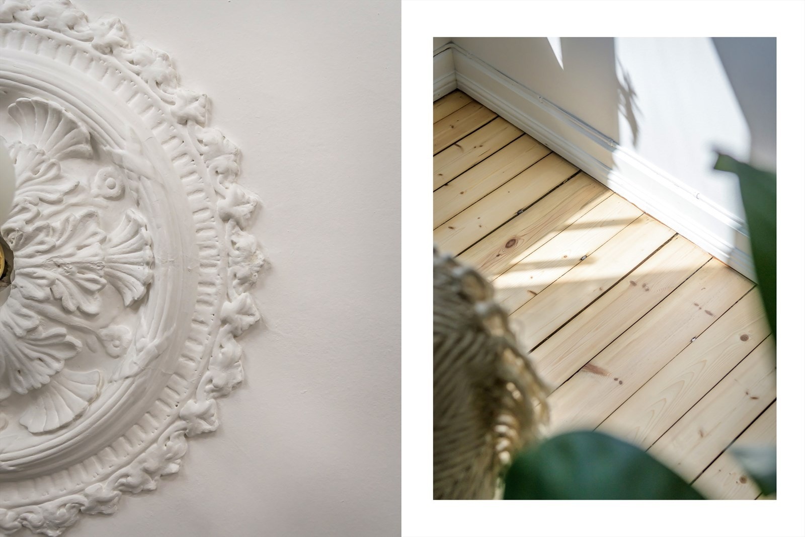 Klassiske detaljer som rosett, stukkatur og originale tregulv. Galleribilde