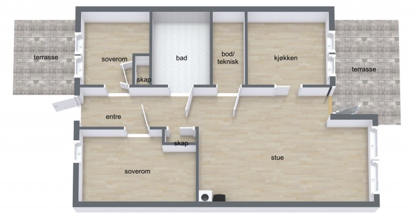 Leiligheten har god planløsning og byr på: entré, 2 soverom, bad/vaskerom, bod og kjøkken. Galleribilde